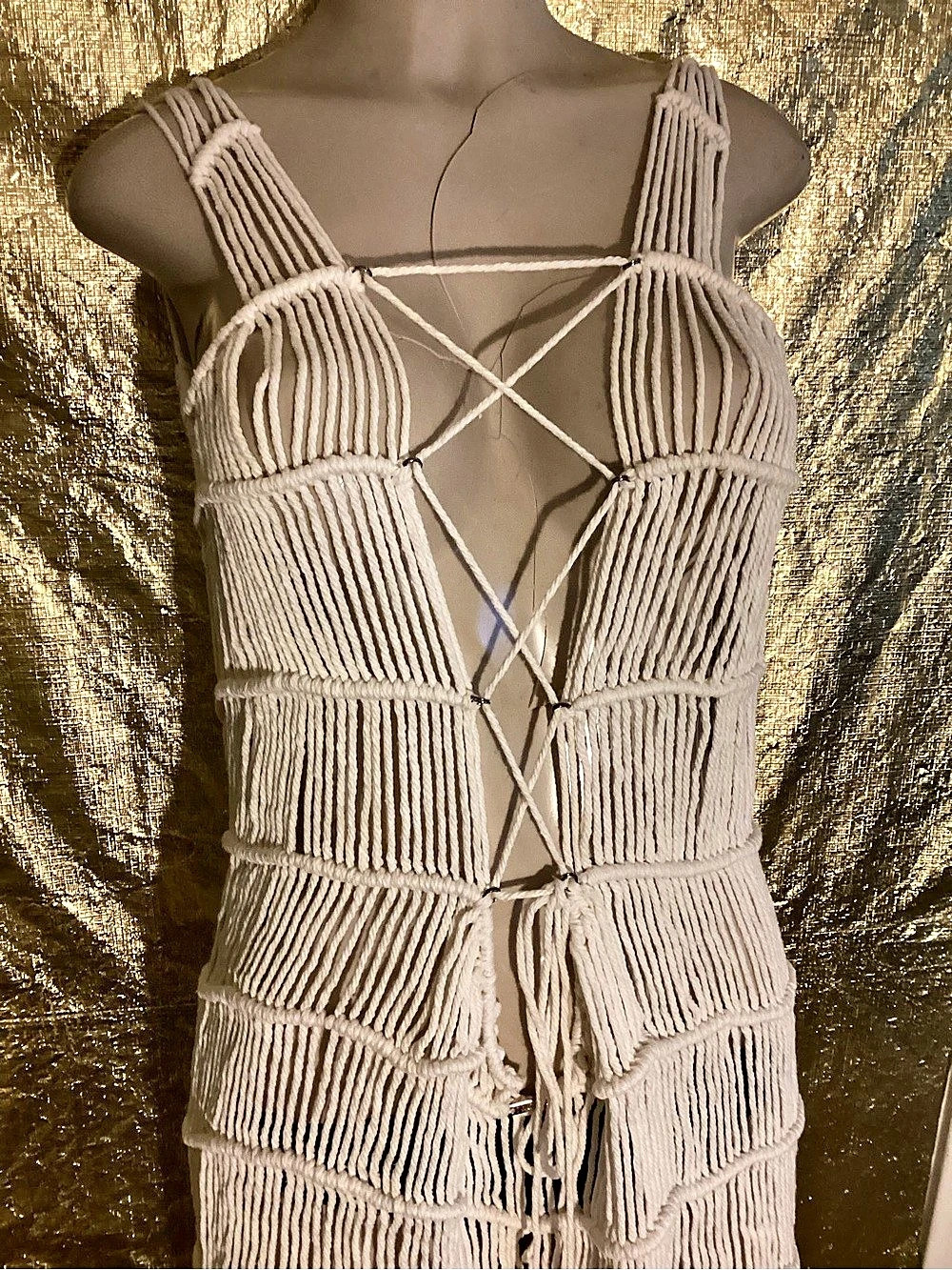 Cream Lace-Up Fringe Maxi Dress